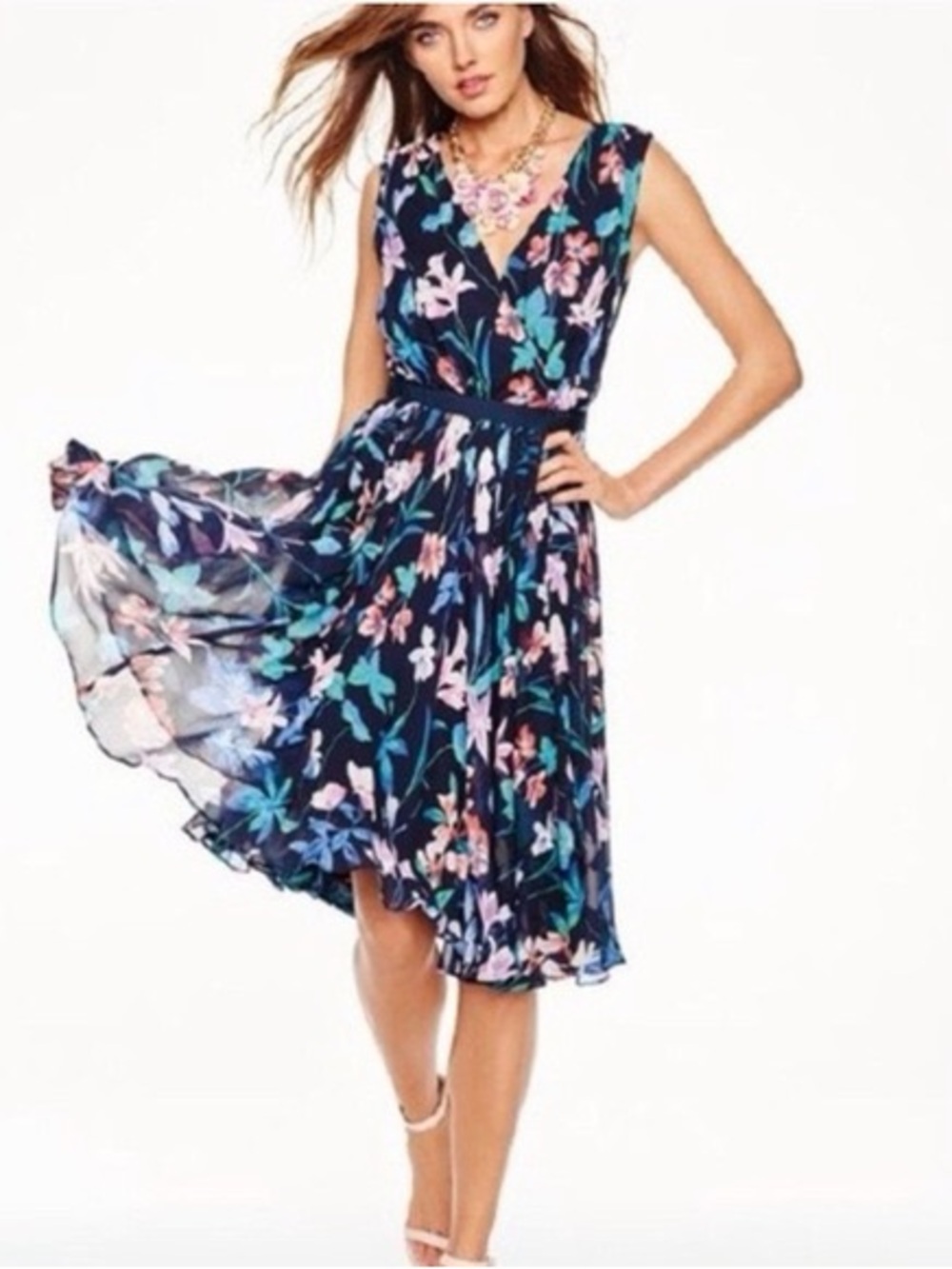 Talbots Navy Floral Chiffon V-Neck Midi Dress Pleated with bow